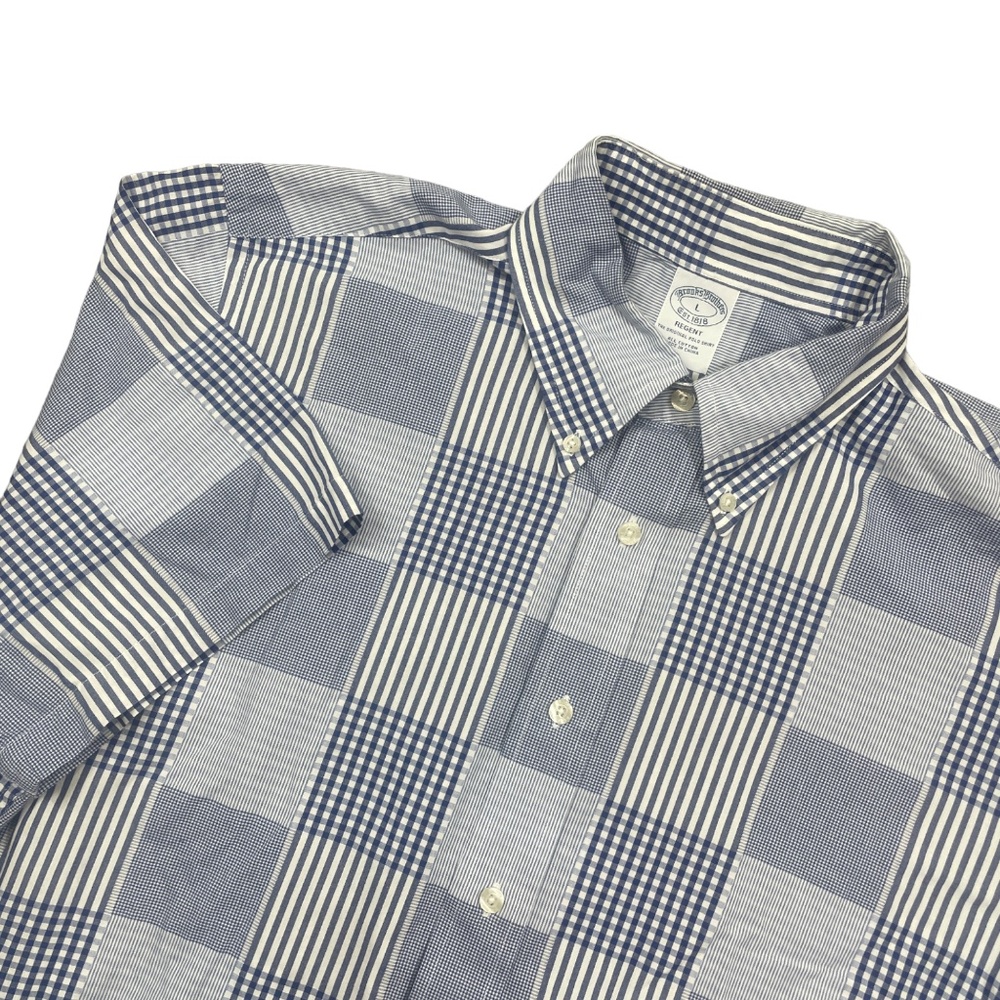 Brooks Brothers Large Regent 1818 Short Sleeve Blue Plaid 100% Cotton